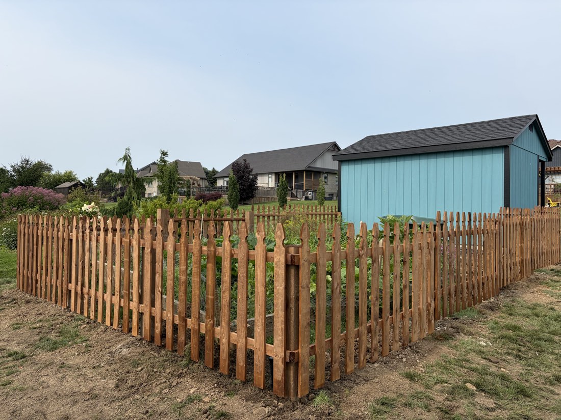 A new cedar picket fence along a garden path