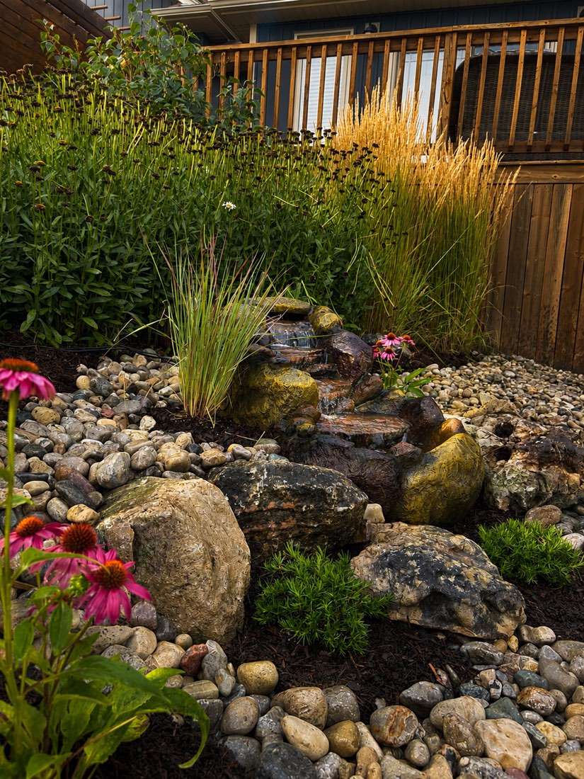 Rock garden with ornamental grasses and pink blooms