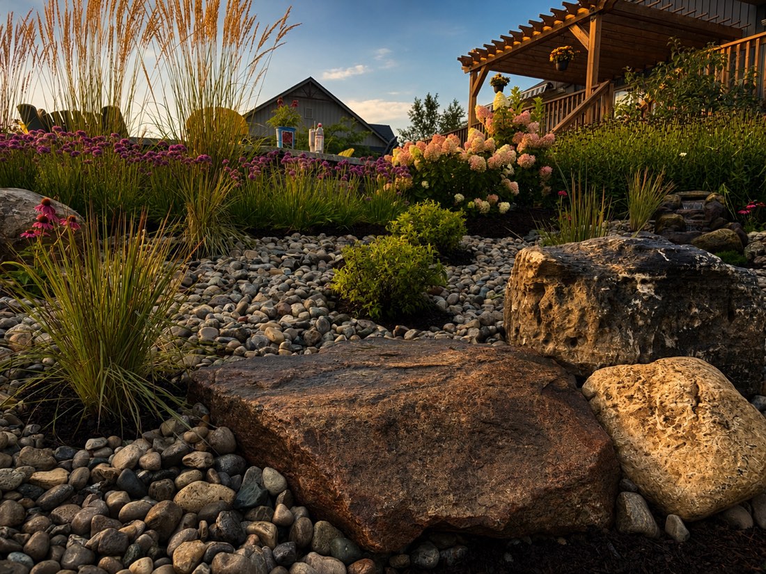 Sloped rock garden bed with layered perennials